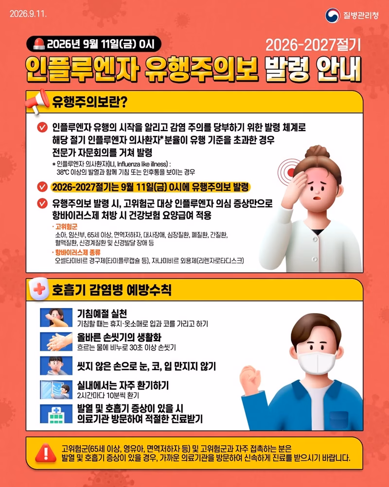 2026년 9월 11일(금) 0시
2026-2027절기 인플루엔자 유행주의보 발령 안내